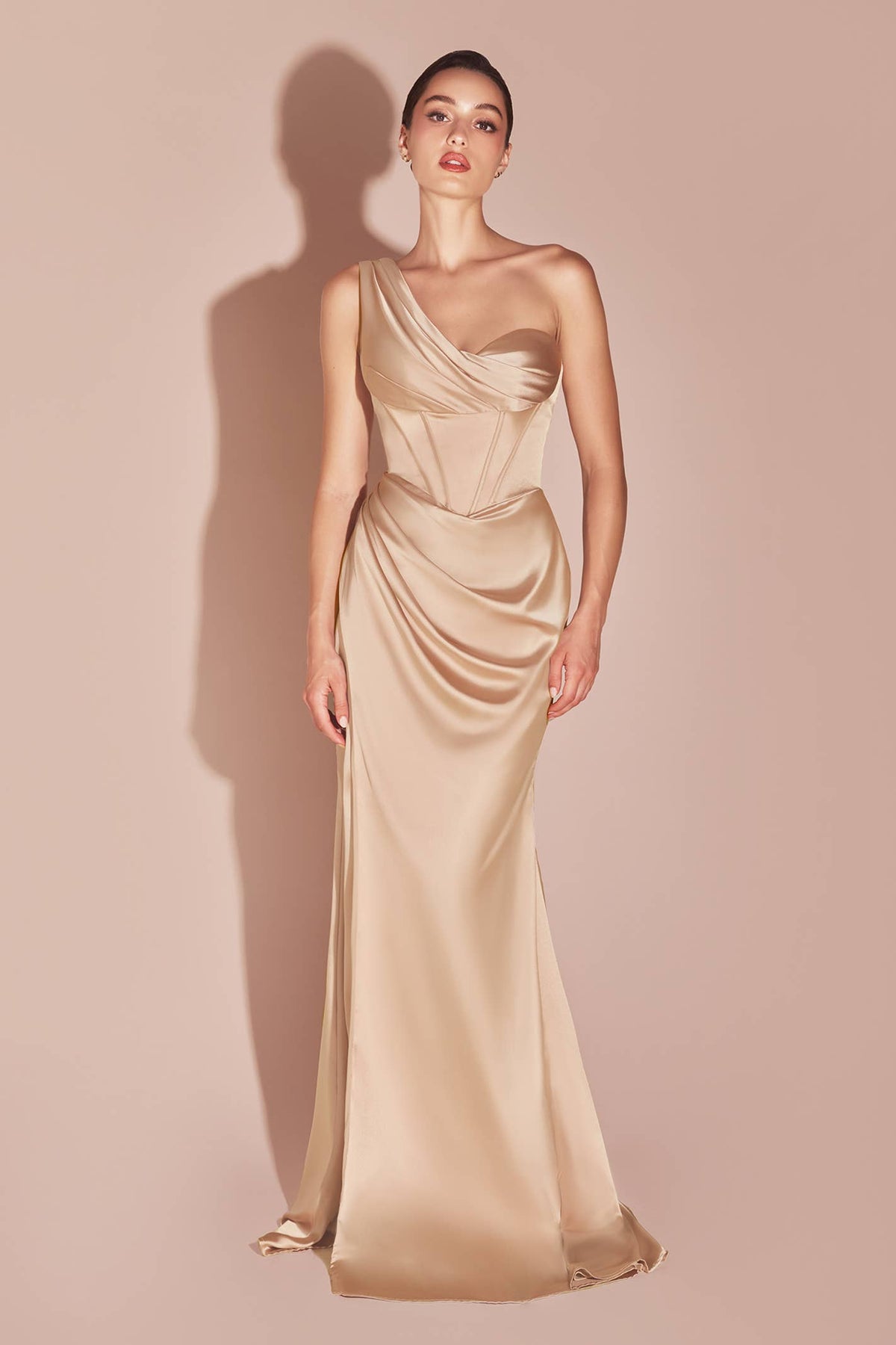 ONE SHOULDER SATIN CORSET GOWN
: Espresso / 8
