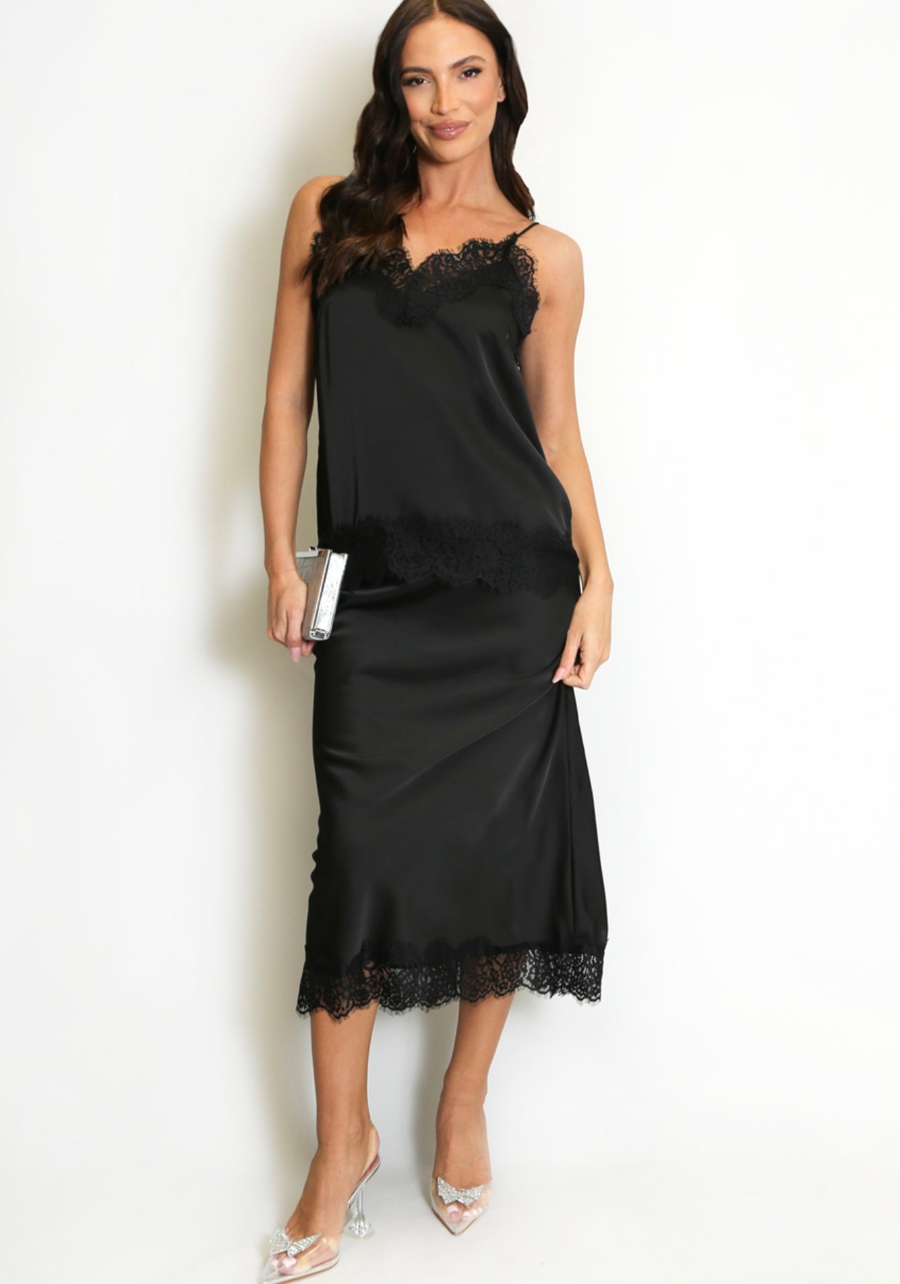 Black Lace Hem Satin Skirt
