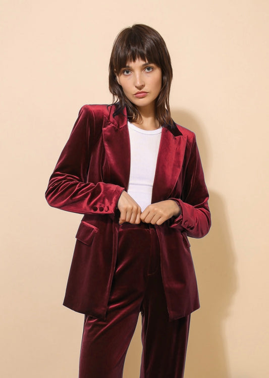 Wine One Button Velvet Blazer