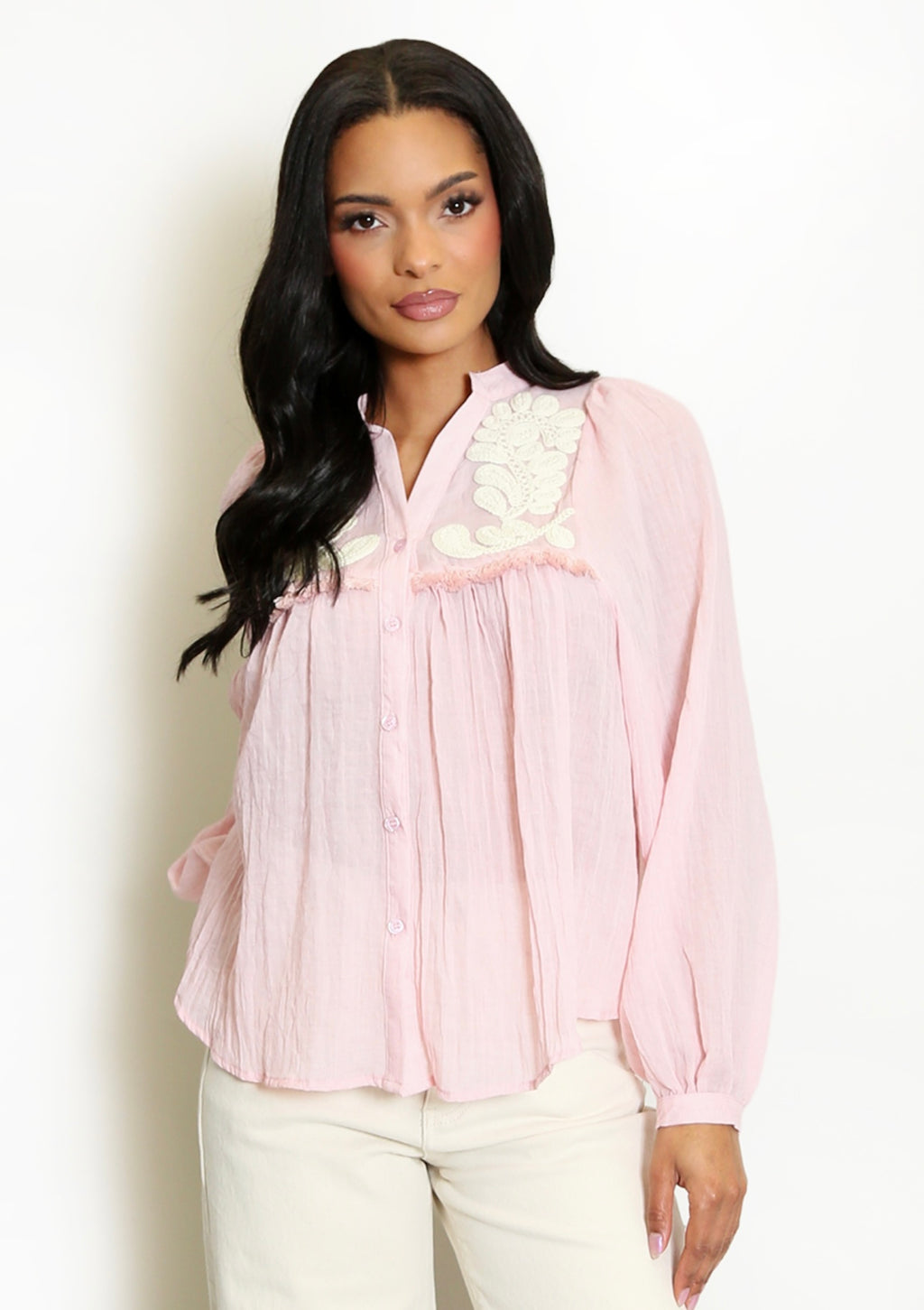 Pink Paisley Embroidered Linen Blouse