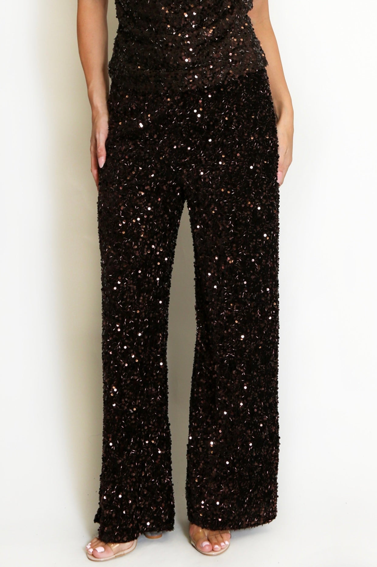 Brown Sequin High Waisted Wide Leg Trouser
