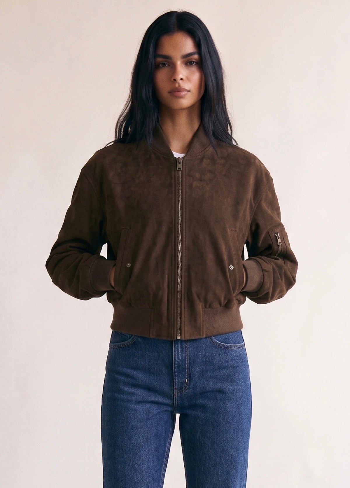 Brown Suede Cropped Bomber Jacket