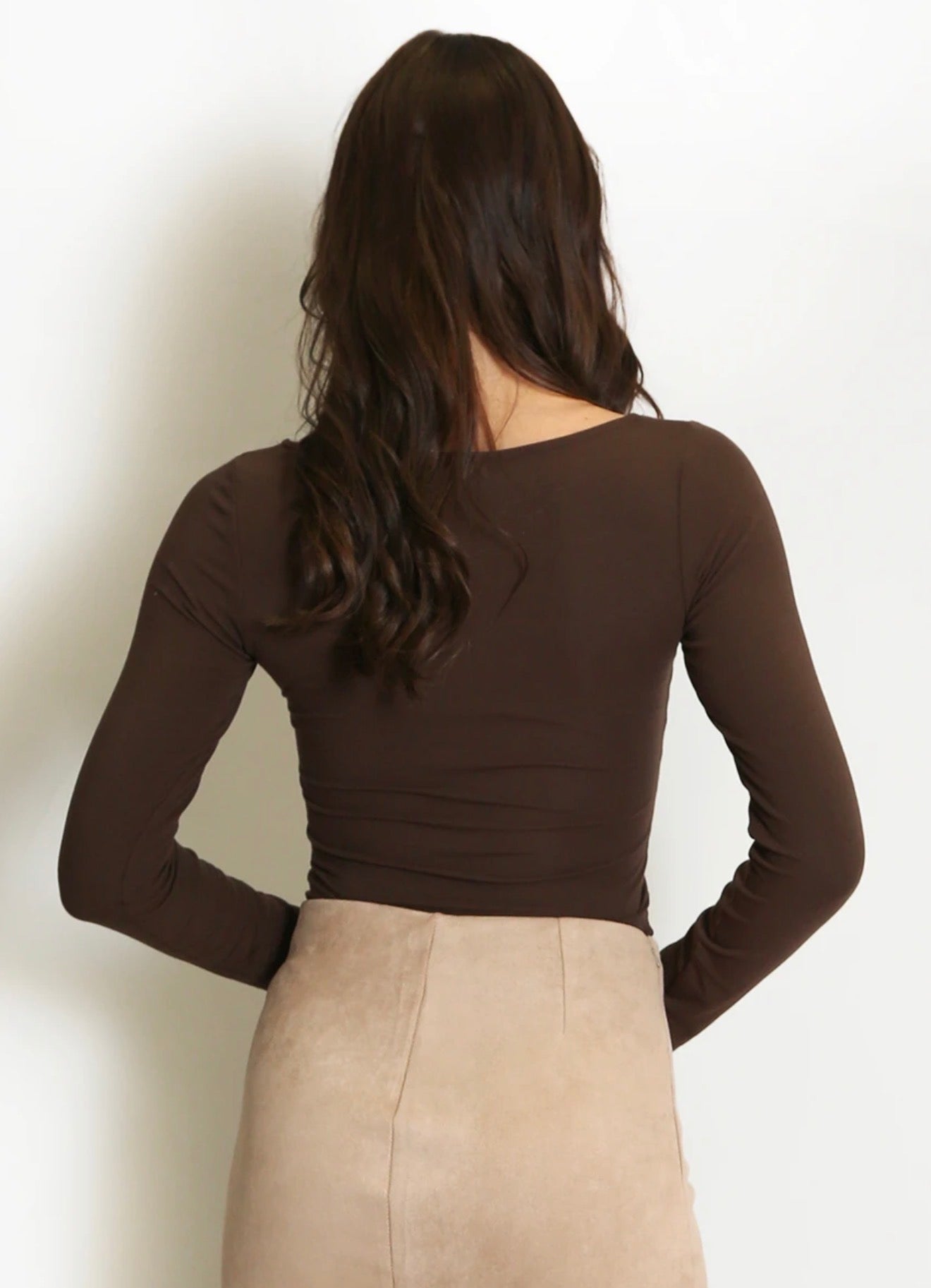 Brown Square Neck Long Sleeve Basic Top