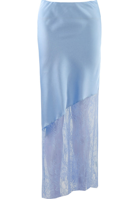 Blue Asymmetric Lace Hem Satin Skirts