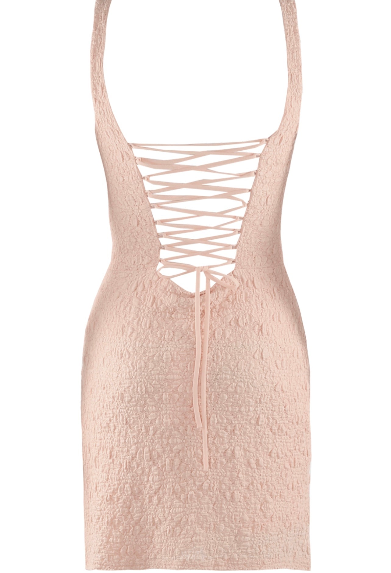 Pink Textured Lace Up Back Mini Dress