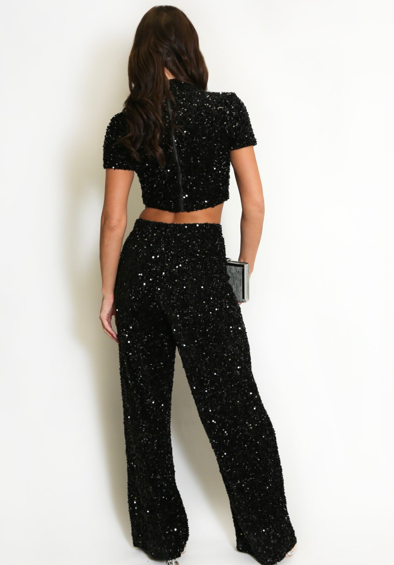 Black Sequin High Waisted Wide Leg Trouser