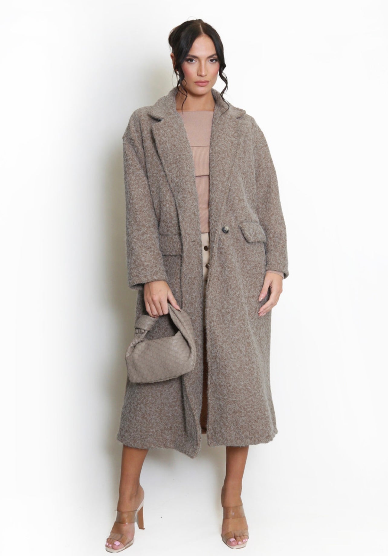 Taupe Boucle Double Button Oversized Coat