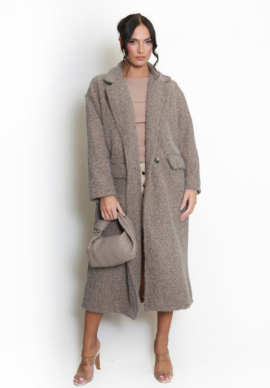 Taupe Boucle Double Button Oversized Coat