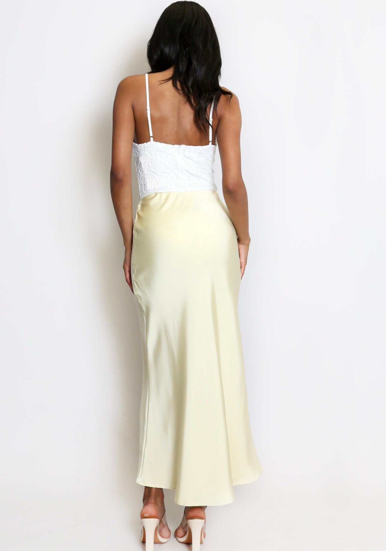 Lemon Satin Bias Cut Flowing Maxi Skirt