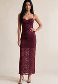Burgundy Floral Lace Maxi Dress With Cup Detail