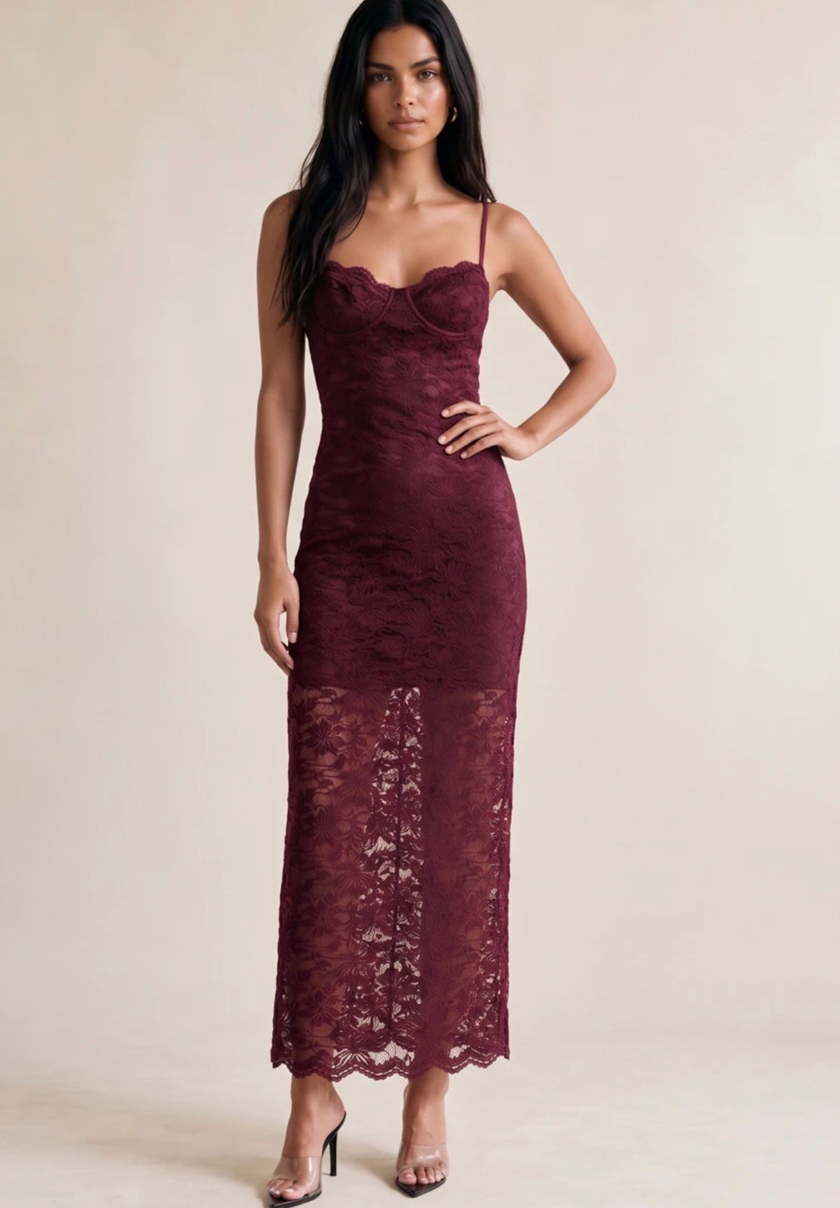 Burgundy Floral Lace Maxi Dress With Cup Detail