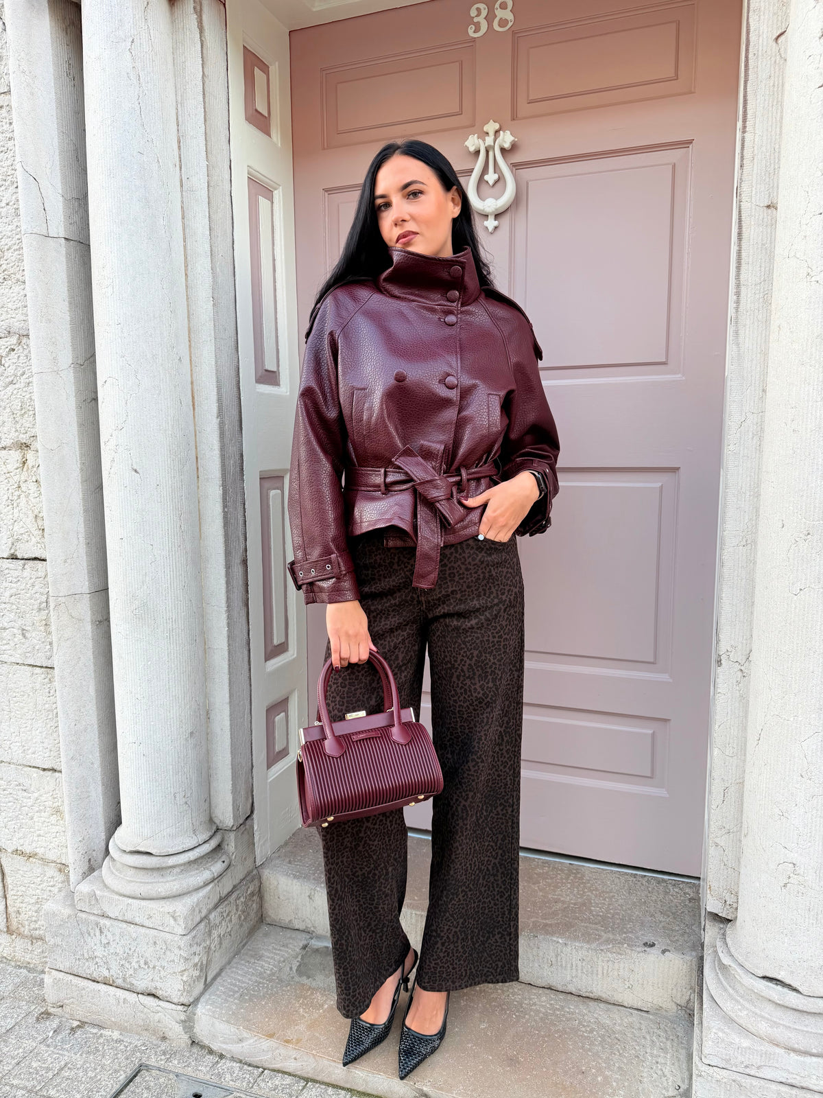 Burgundy High Neck Belted Pu Jacket