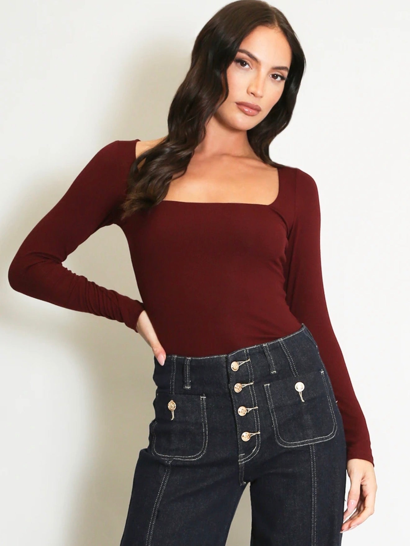 Burgundy Square Neck Long Sleeve Basic Top