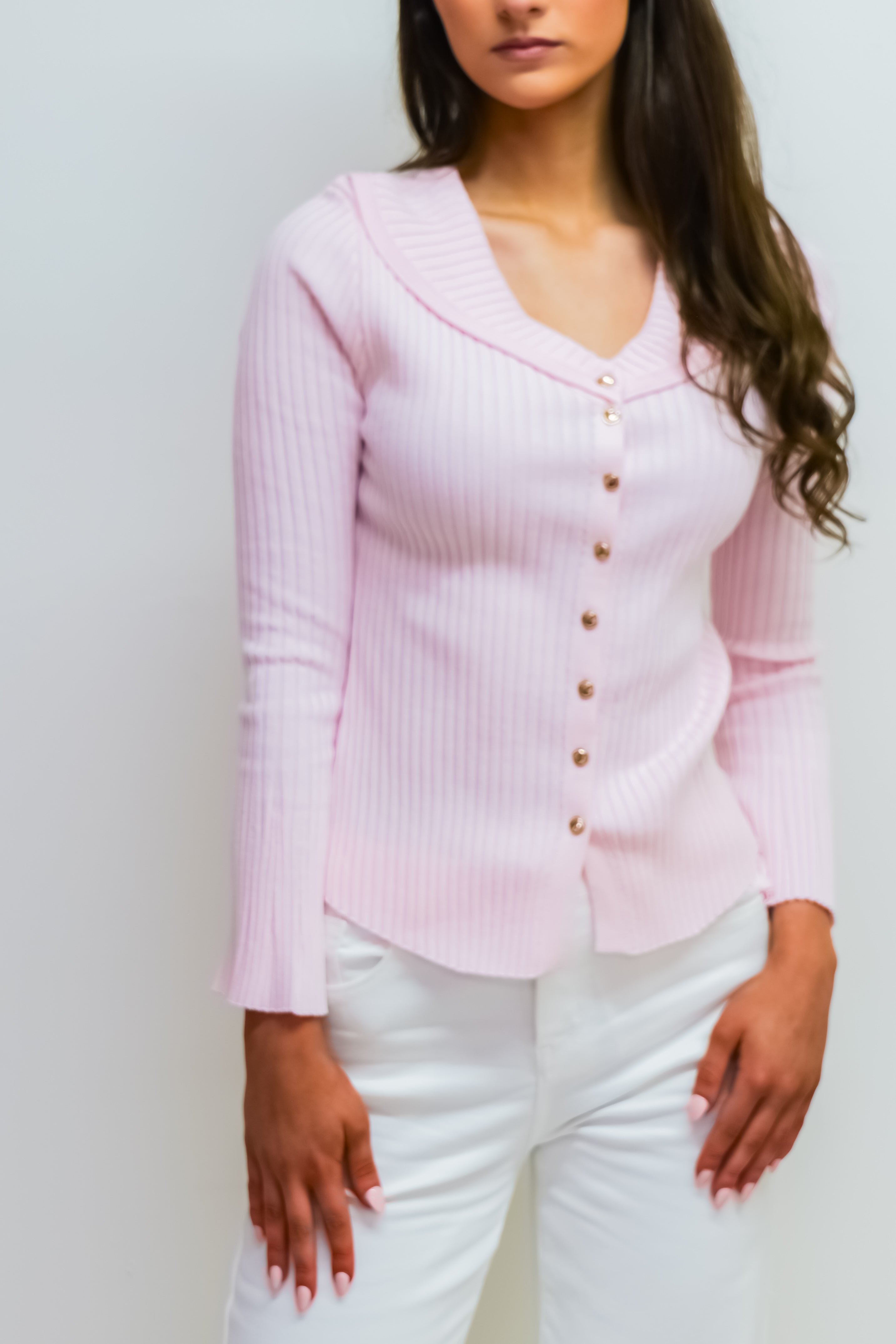 Baby Pink Button Detail Rib Knit Top
