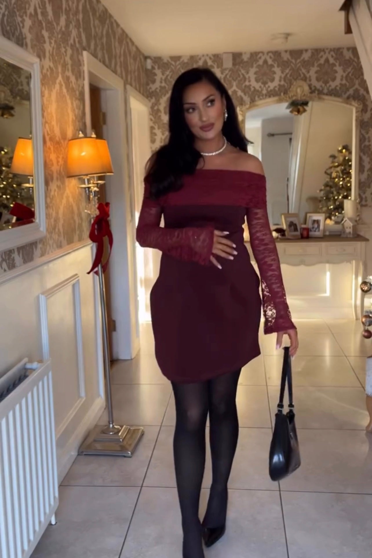 Wine Lace Off Shoulder Mini Dress