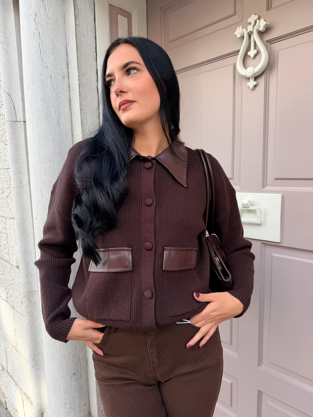 Brown Knitted Jumper With Brown Leather Collar And Pocket Detail