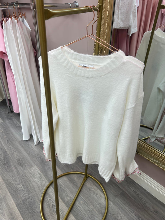 White Floral Arm And Cuff Detail Jumper