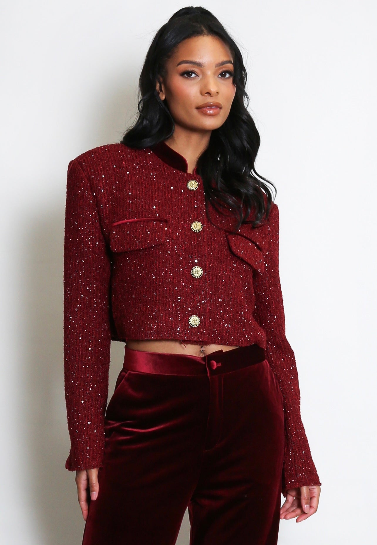 Burgundy Tweed Sequin Cropped Blazer