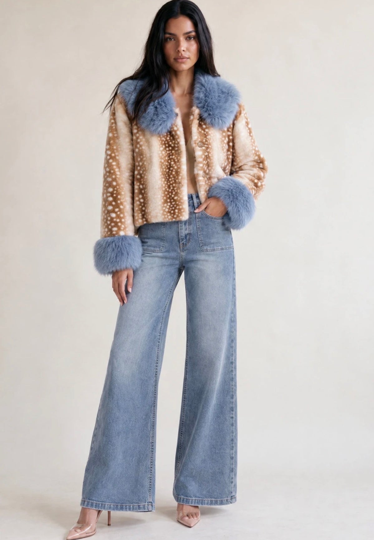 (PRE ORDER) Blue Deer Print Faux Fur Jacket With Fur Collar And Cuff