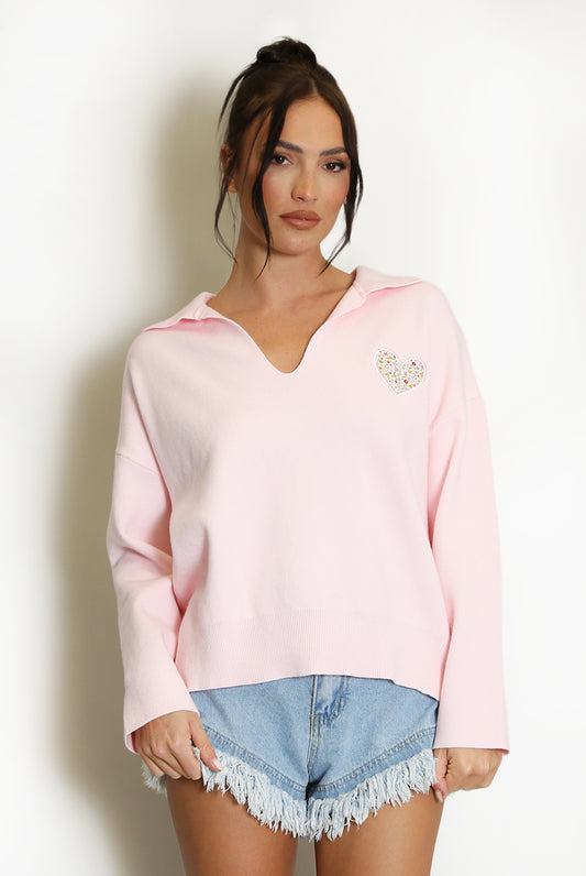 Pink Embroidered Heart Jumper With Collar