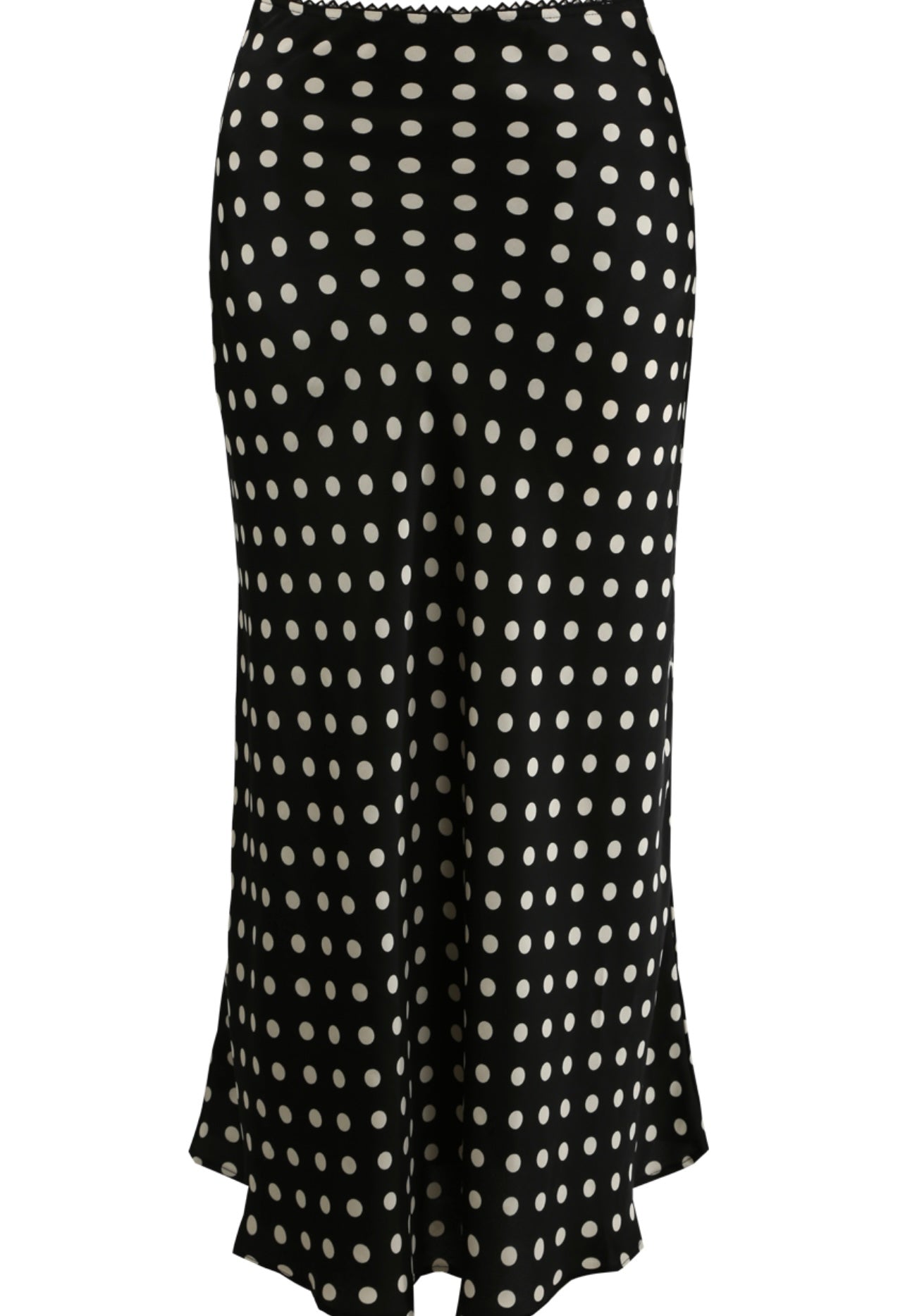 Black Satin Polka Dot Bias Midi Skirt