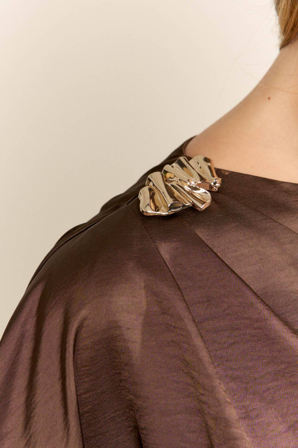 Brown Satin Dress With Detail On The Shoulder