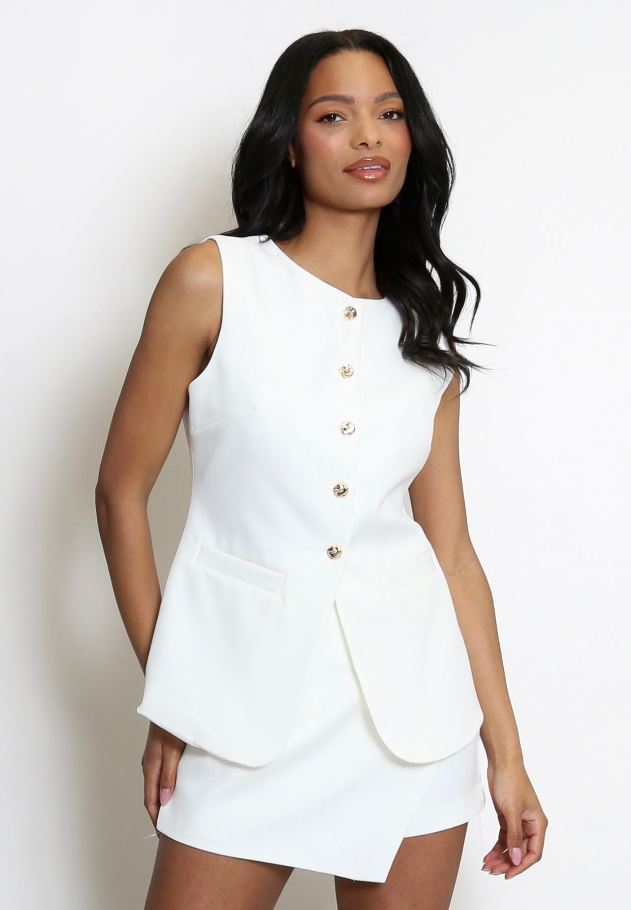 White Tailored Golden Button Waistcoat