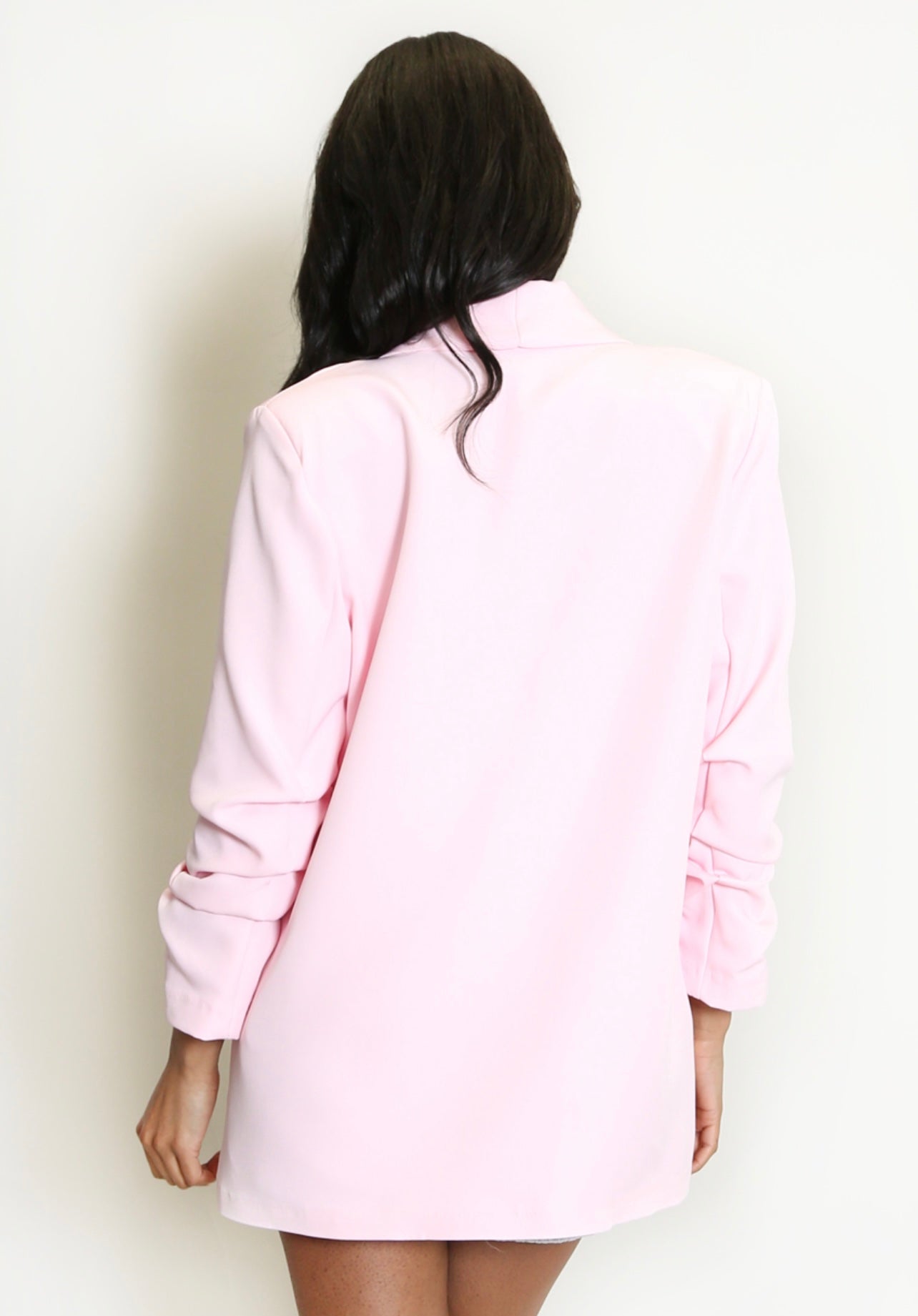 Pink Open Blazer with Ruched Sleeves