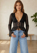 Black Frilled Lace Tie Front Top