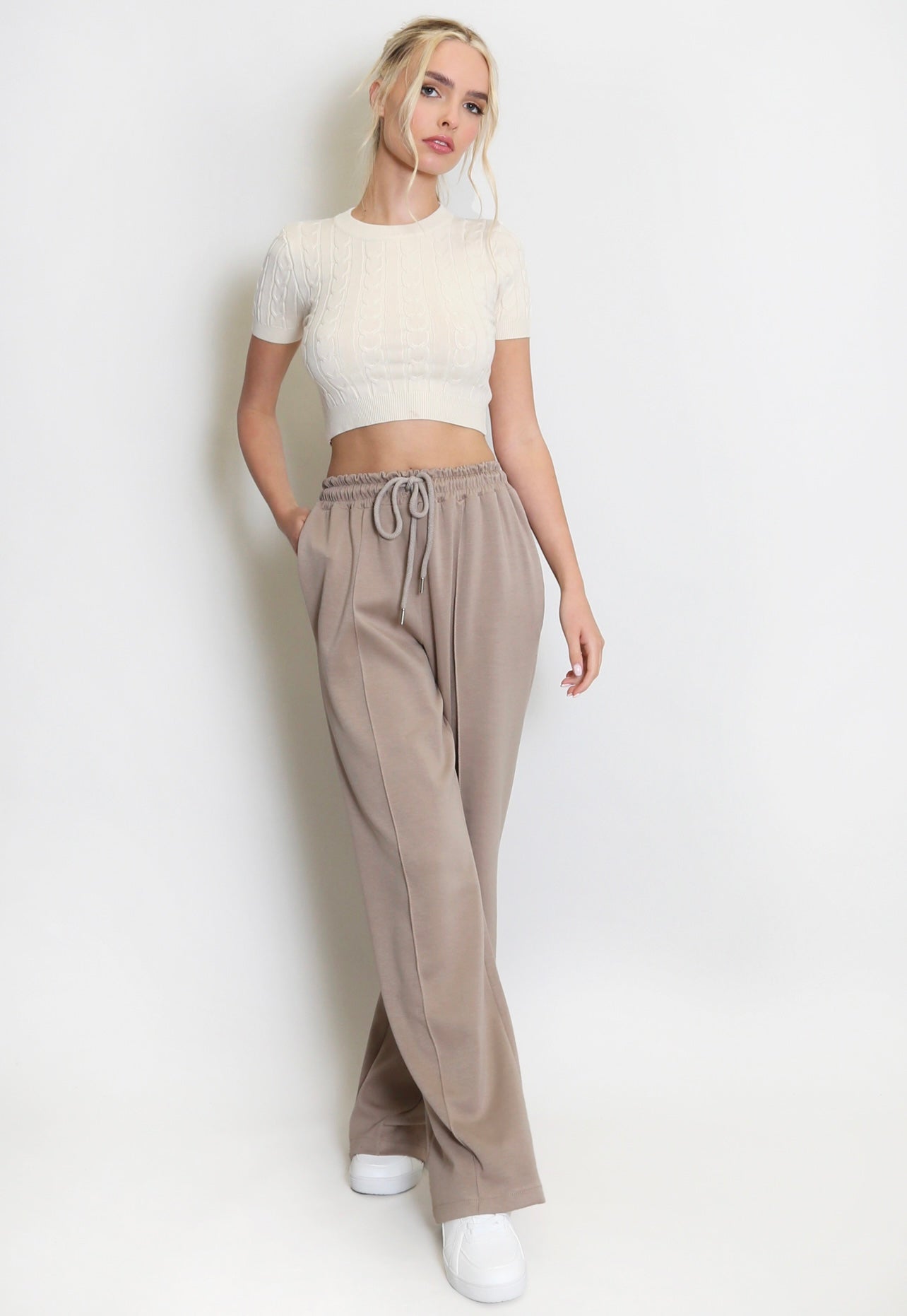 Taupe Elasticated Waist Wide Leg Jogger Trousers