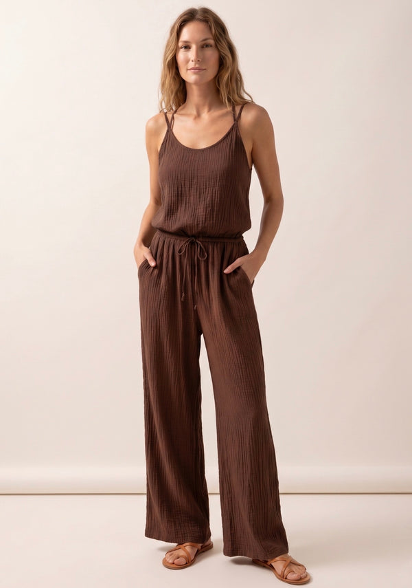 Brown Crinkle Beaded Halter Blouse and Trouser Set