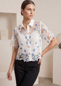 Blue Short Sleeve Crochet Blouse