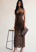 Brown Floral Lace Maxi Dress With Cup Detail