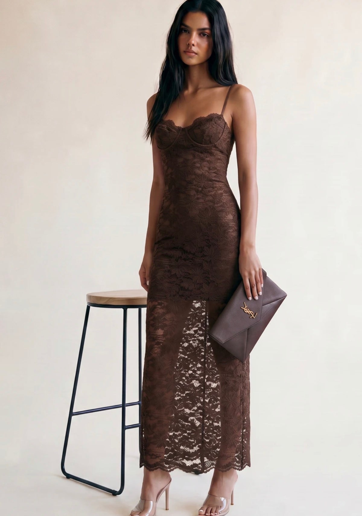 Brown Floral Lace Maxi Dress With Cup Detail