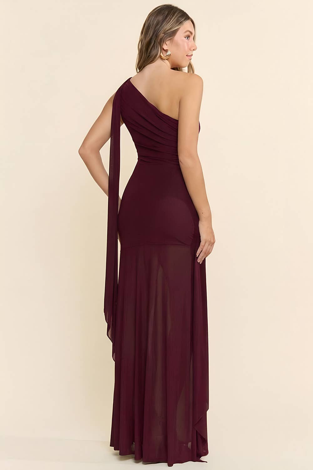 Burgundy One Shoulder Drape Maxi Dress