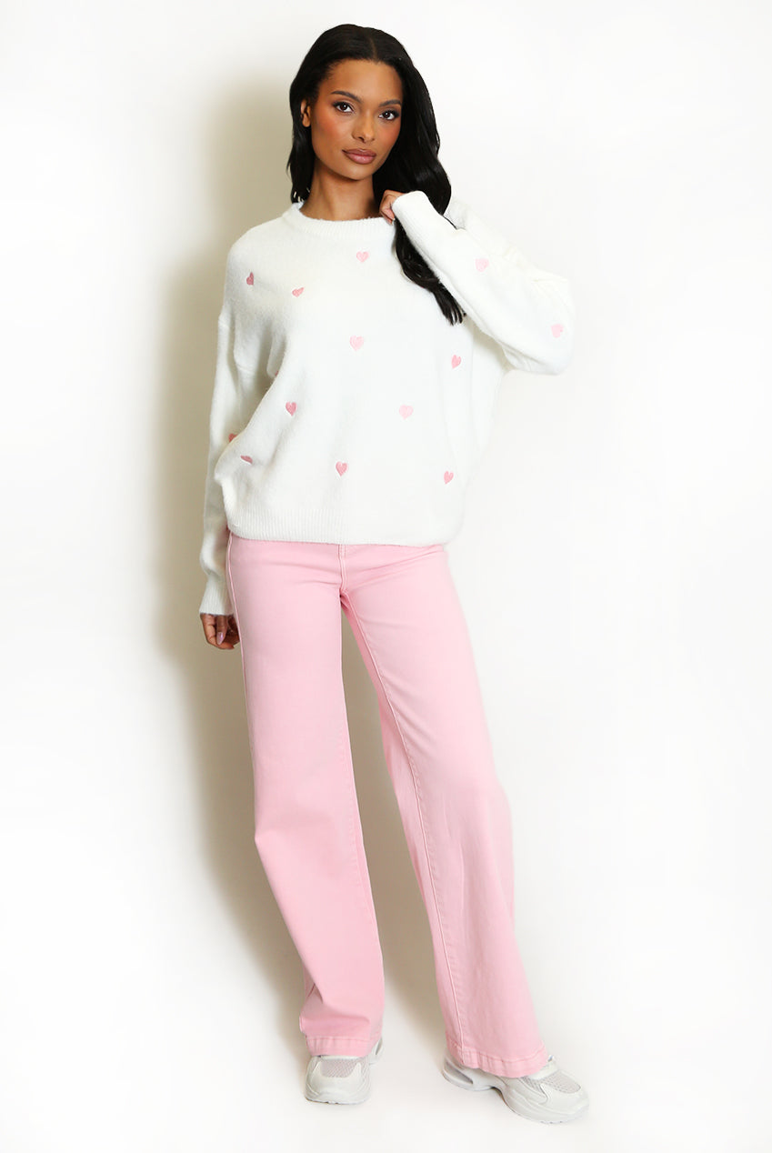 White Heart Embroidered Soft Knit Jumper