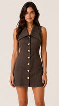 Brown Denim Gold Button Detail Dress