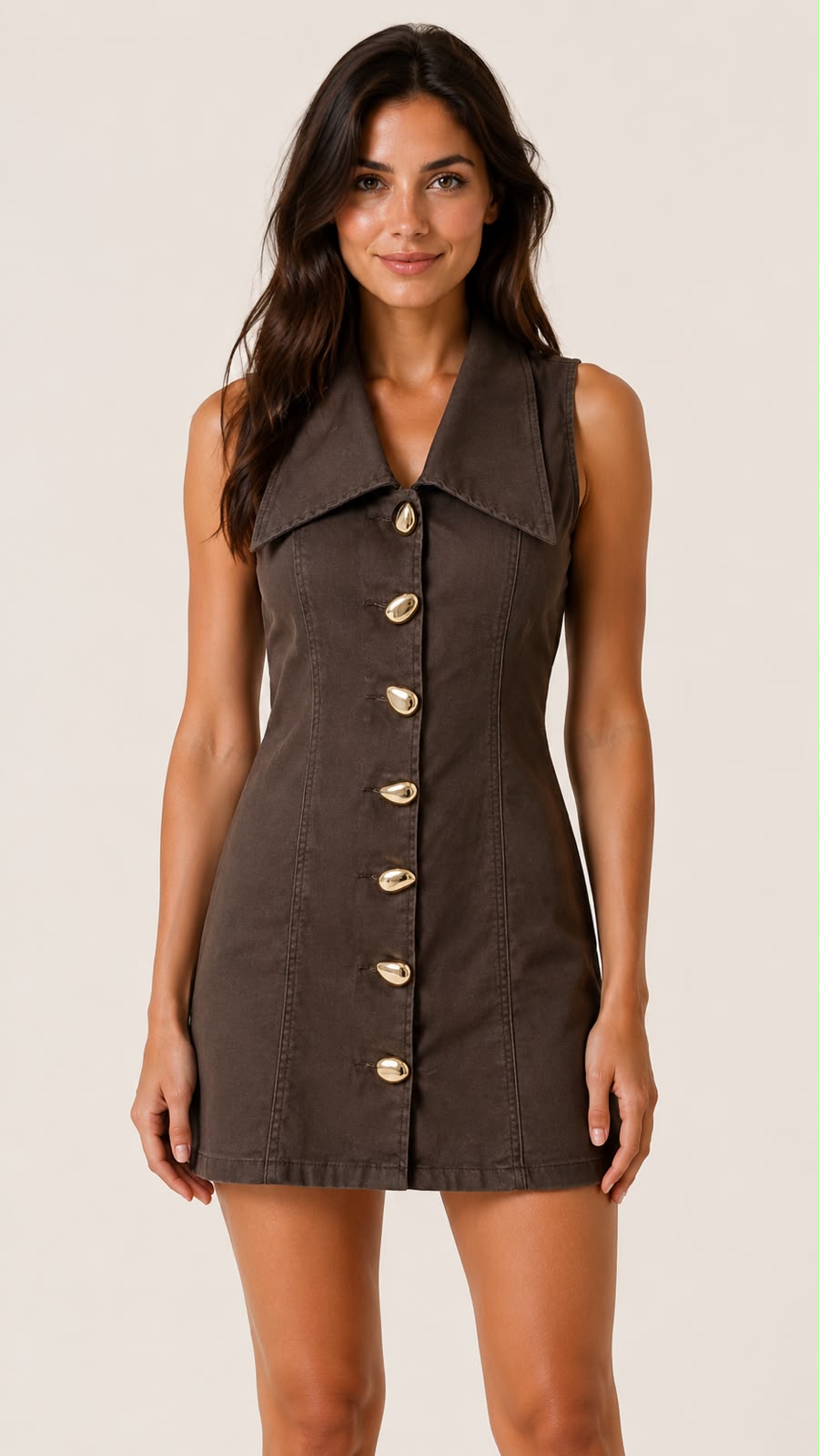 Brown Denim Gold Button Detail Dress