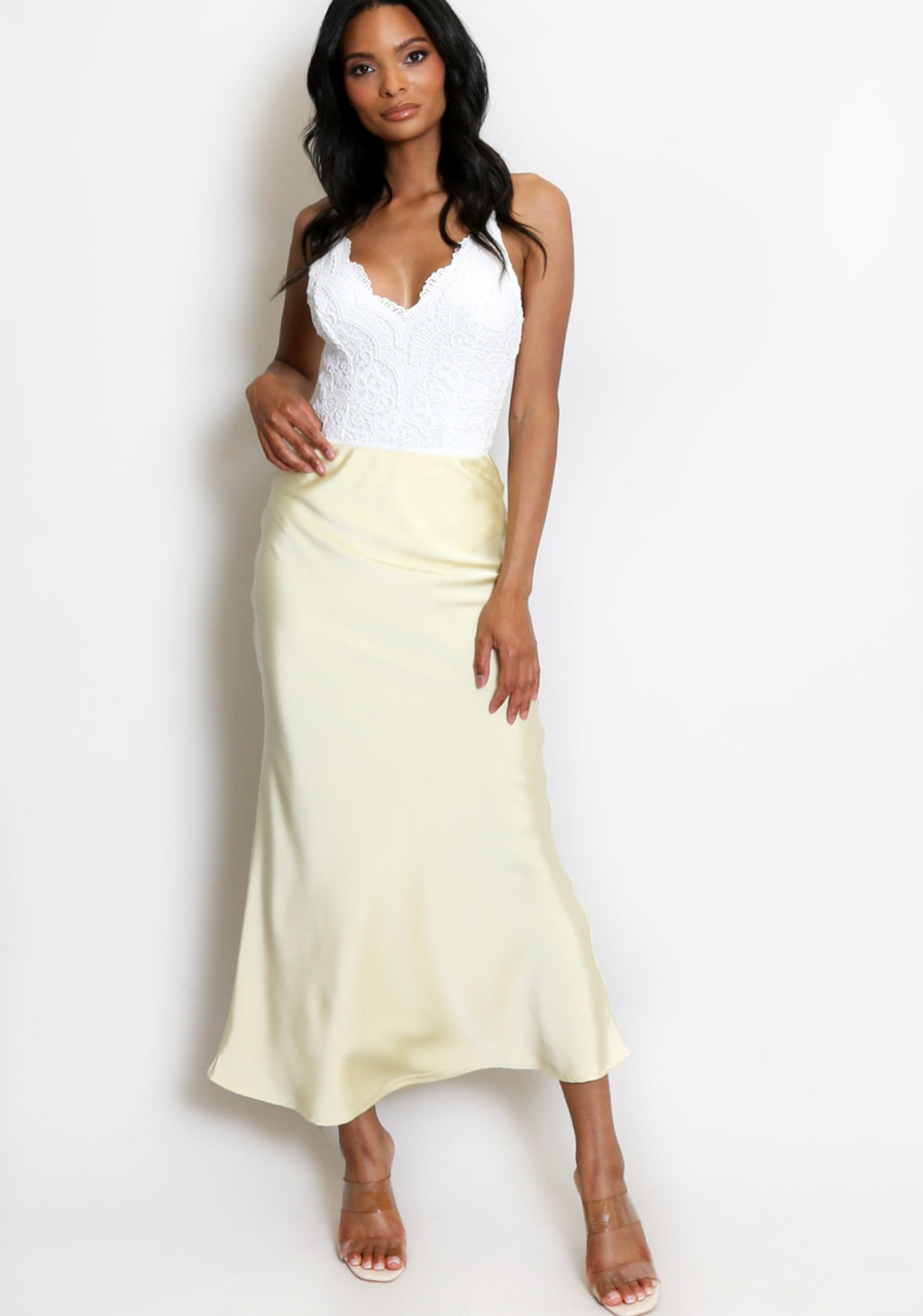 Lemon Satin Bias Cut Flowing Maxi Skirt