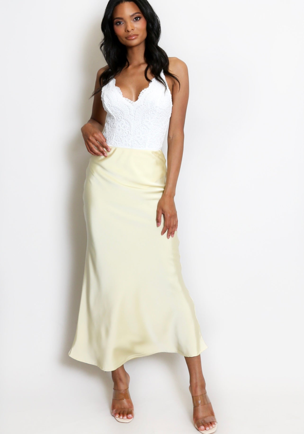 Lemon Satin Bias Cut Flowing Maxi Skirt