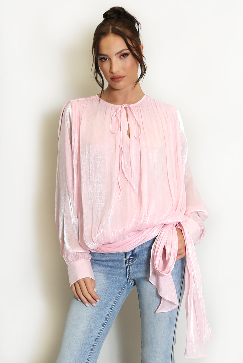 Pink Smock Blouse With Sash Waist Tie