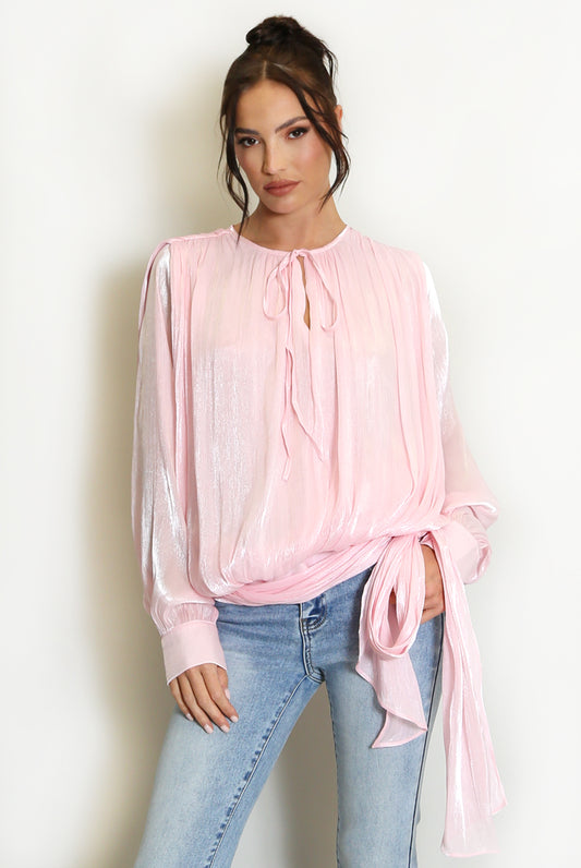 Pink Smock Blouse With Sash Waist Tie