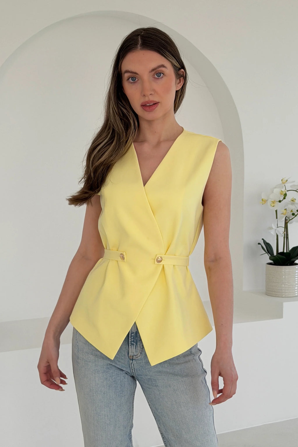 Luni Belted Button Waistcoat Yellow