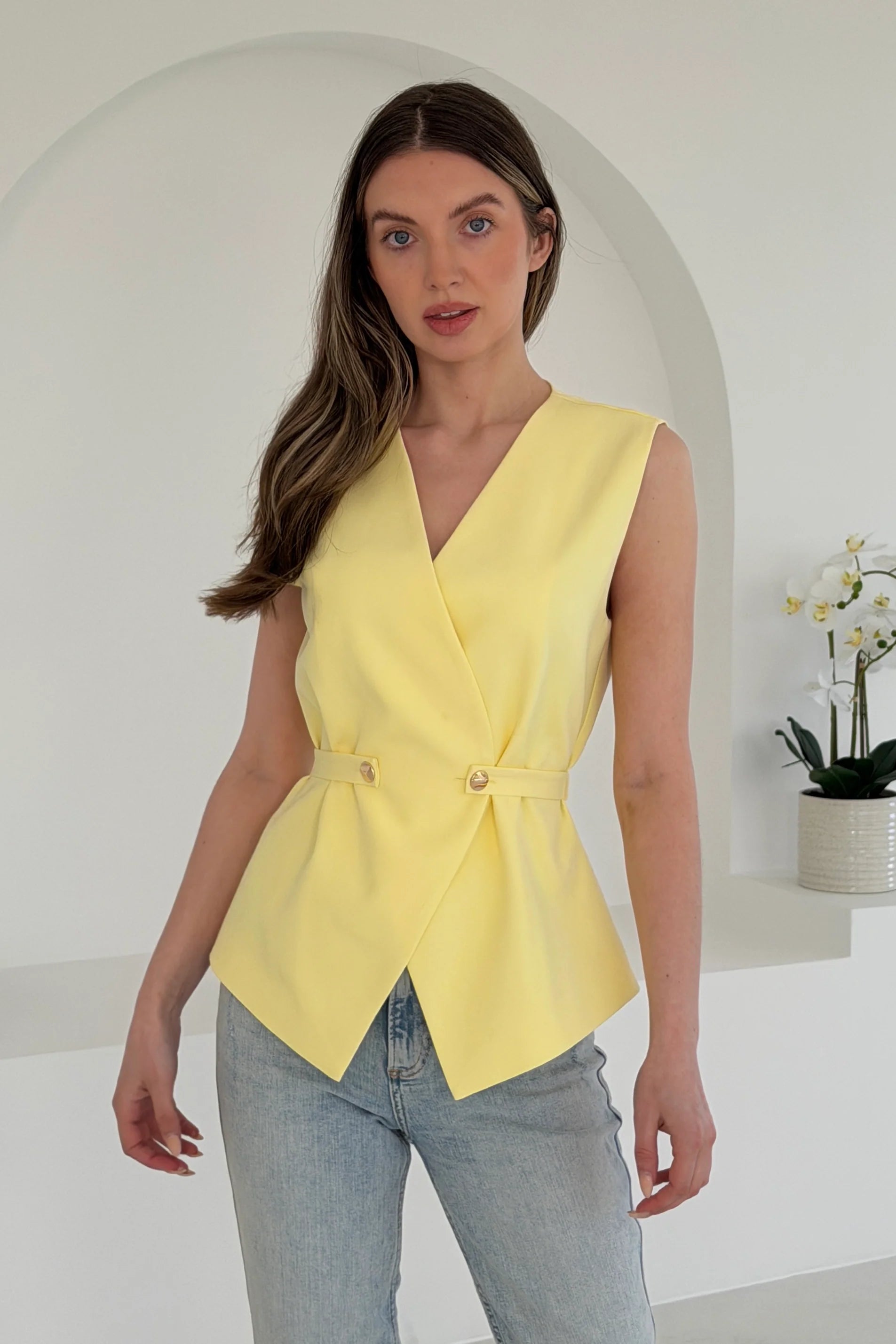 Luni Belted Button Waistcoat Yellow