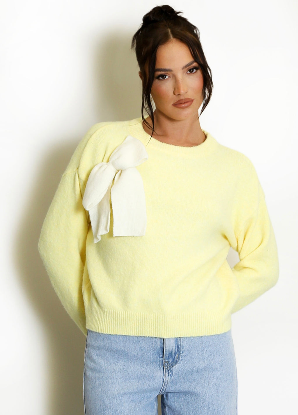 Lemon Fluffy Knit Jumper With Bow