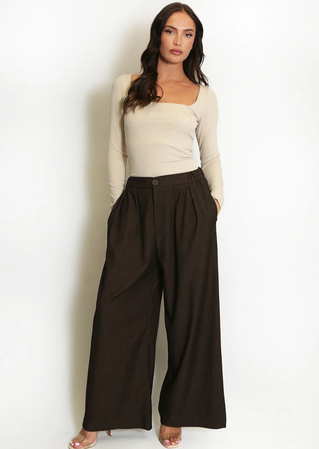 Beige Square Neck Long Sleeve Basic Top