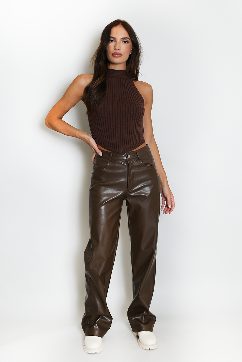 Brown Soft Knit Sleeveless Crop Top