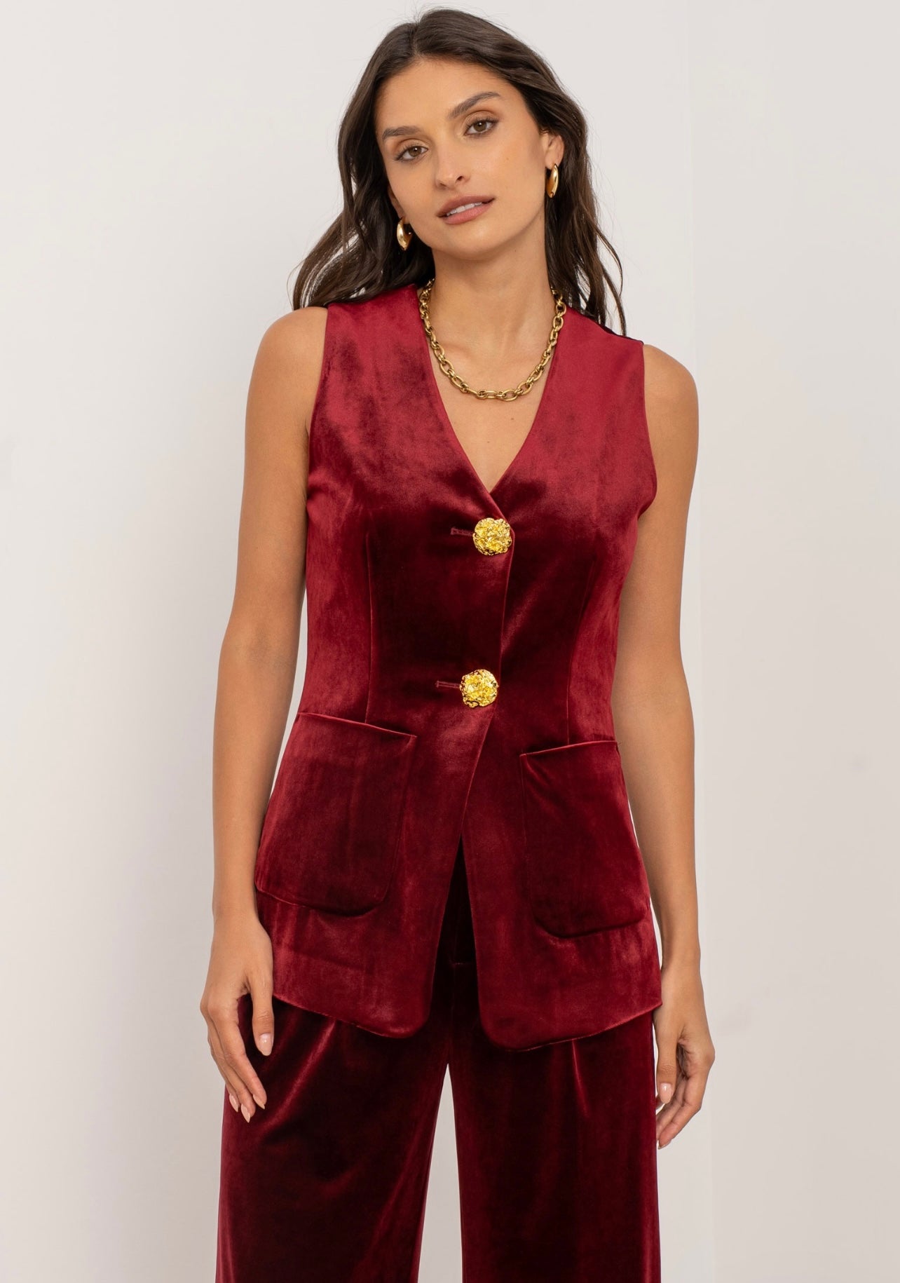 Burgundy Velvet V Neck Waistcoat with Statement Buttons