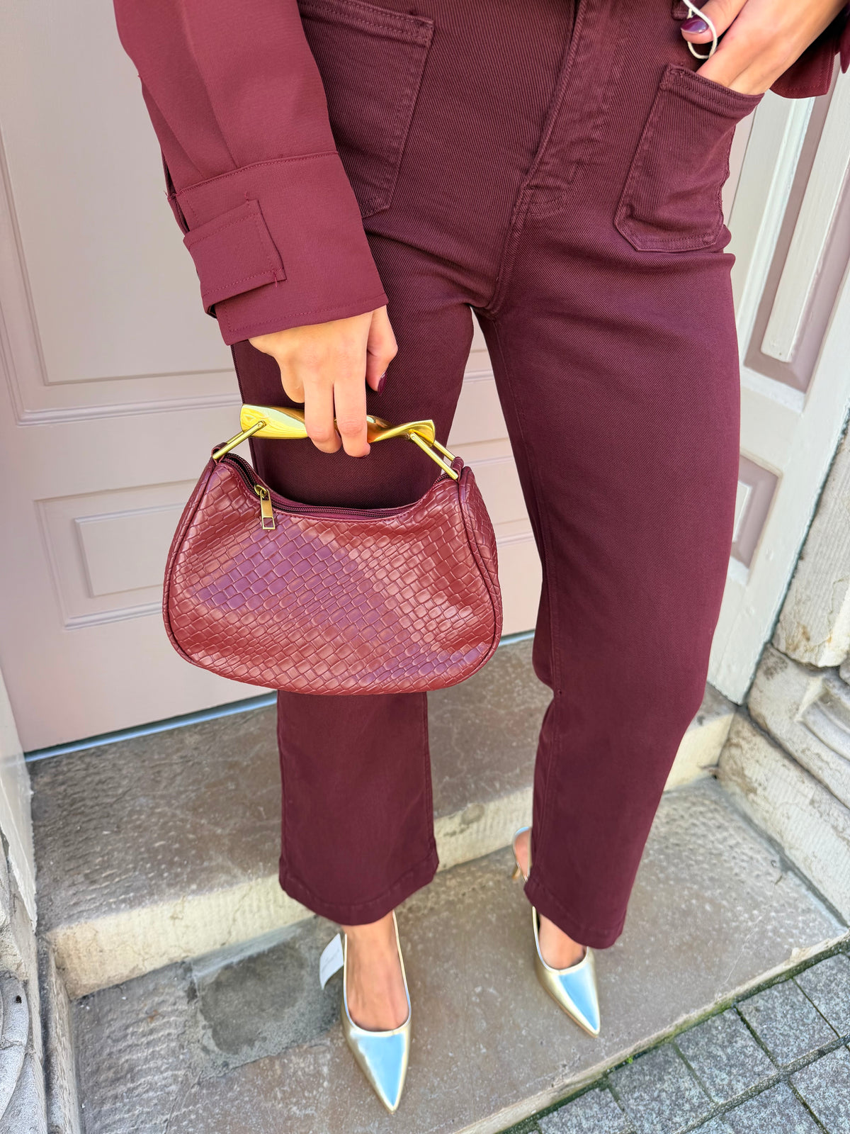 Burgundy Pleated Good Detail Handle Handbag
