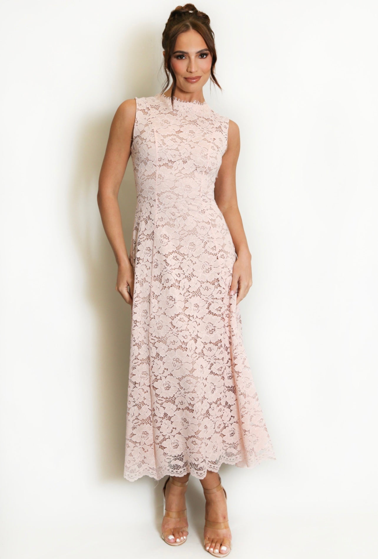 Pink Sleeveless Lace Maxi Dress